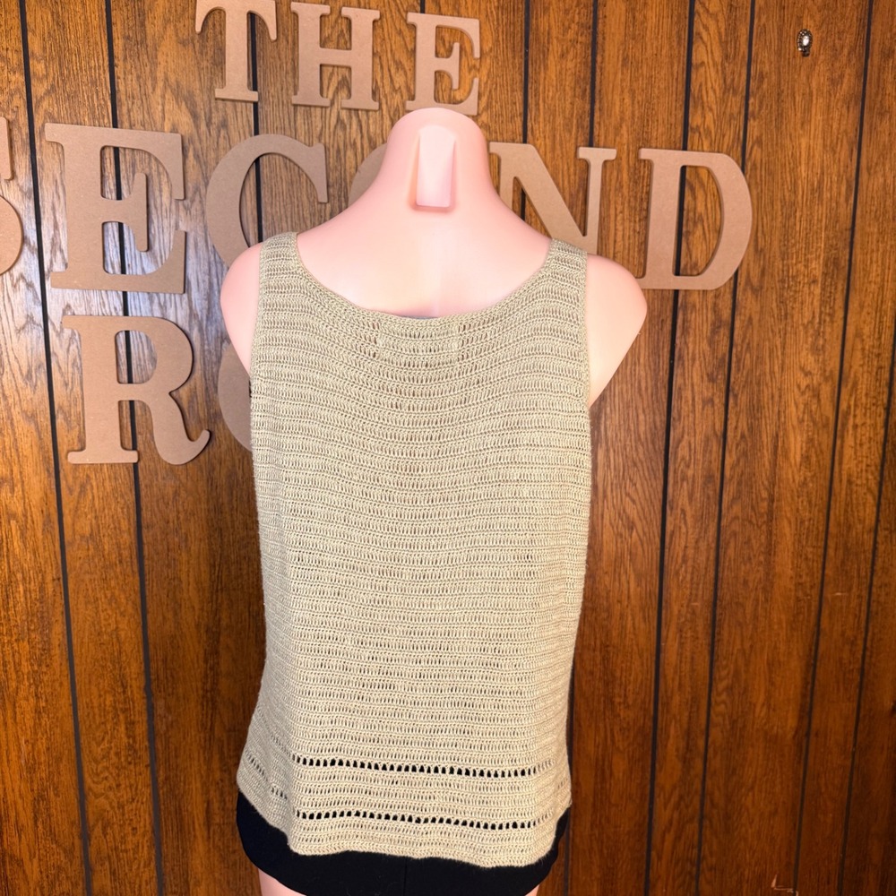 Lord & Taylor Tank Top Women Medium Green Linen Crochet Knit Coastal Cottagecore - Picture 4 of 5